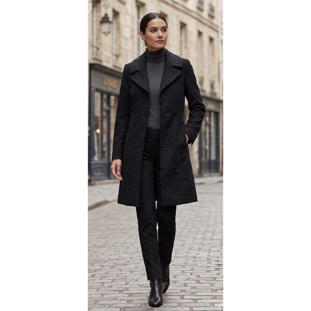 Anne Klein Black Wool CASHMERE Blend Coat Women's Size 4 Classic Tailored Long
